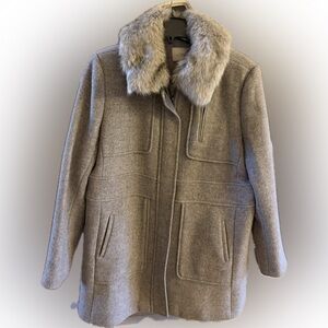 LOFT Wool Gray Jacket with Faux Fur Trim
